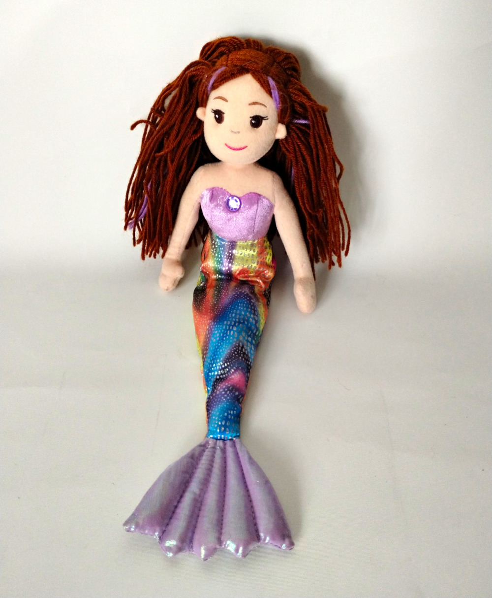 Aurora Mermaid Plush Doll Rainbow Tail Purple Top Red Yarn Hair